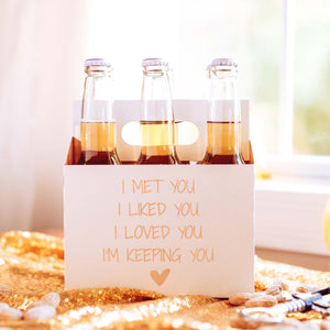 Message of love on a beer carrier, perfect for wedding day, anniversary, Valentine's Day or Birthday