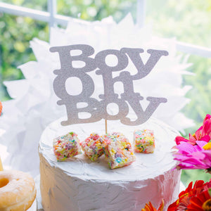 Boy Oh Boy silver cake topper on baby shower cake