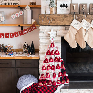 Wooden Tree Christmas Advent Calendar with Red Velvet Bags