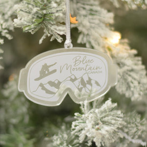 Blue Mountain Canada snowboard ornament on a flocked Christmas tree