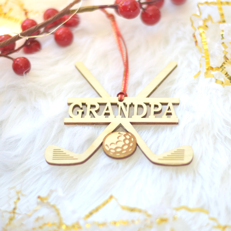 Grandpa Golf monogram Christmas tree ornament with red berries and gold crinkle paper