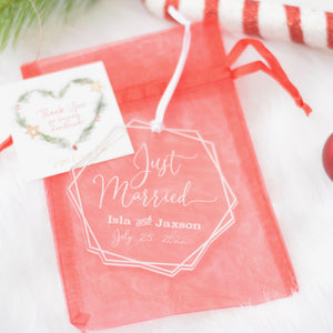 Just Married Christmas Ornament personalized with red organza bag