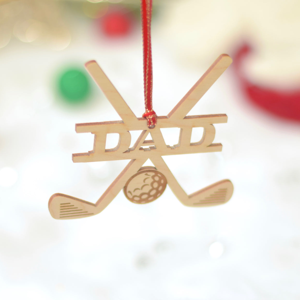 Dad Golf Christmas Tree ornament with a red ribbon