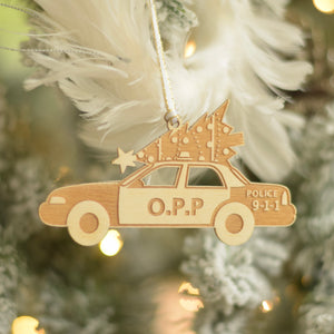 OPP Christmas tree ornament hanging on a Christmas tree