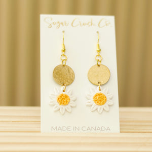 Daisy Dangle Earrings and Gold Brass Accent, Handmade Polymer Clay Earrings