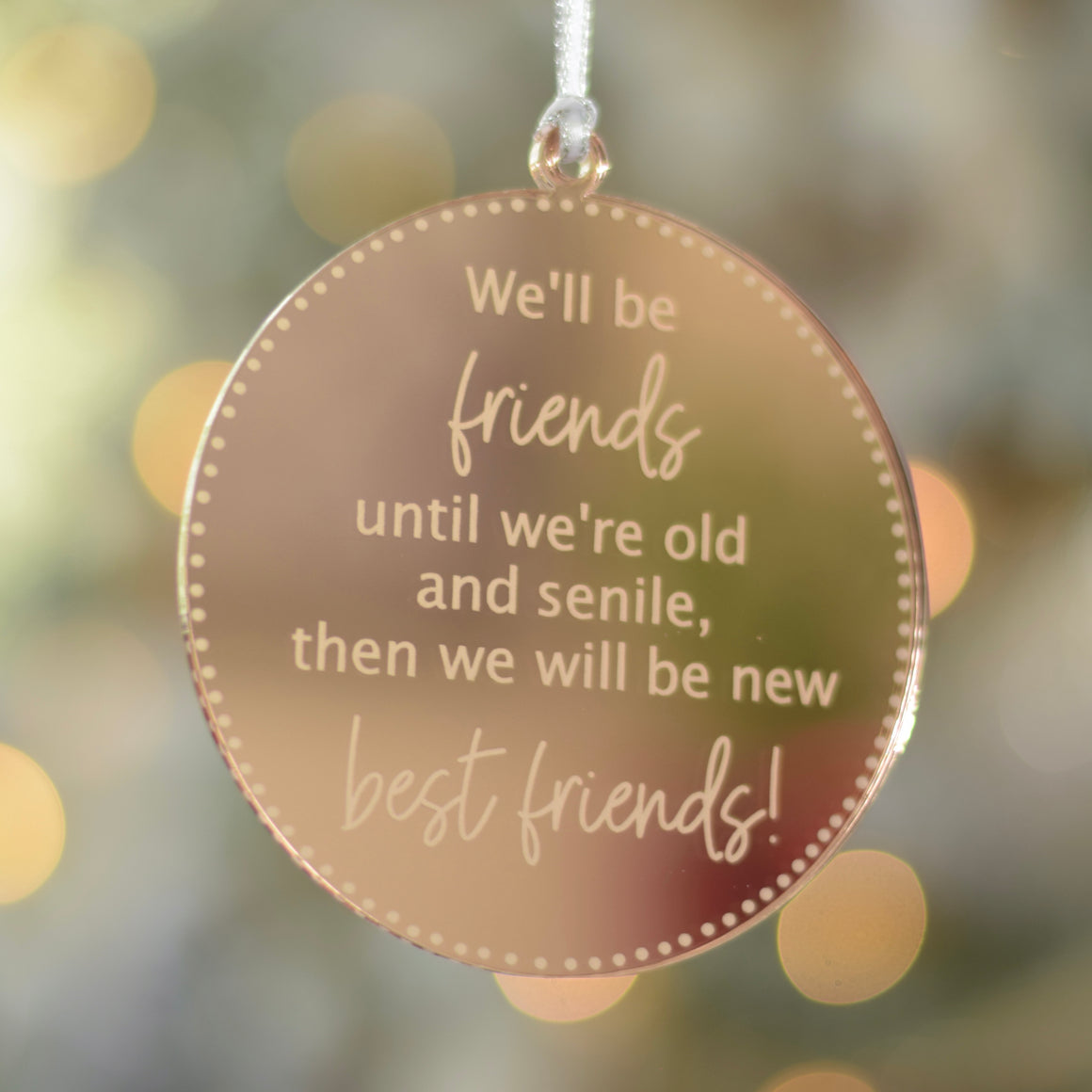 Funny best friend  Christmas ornament in rose gold with twinkly lights