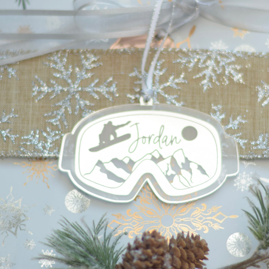 Custom Snowboarder Christmas Ornament on a tree 