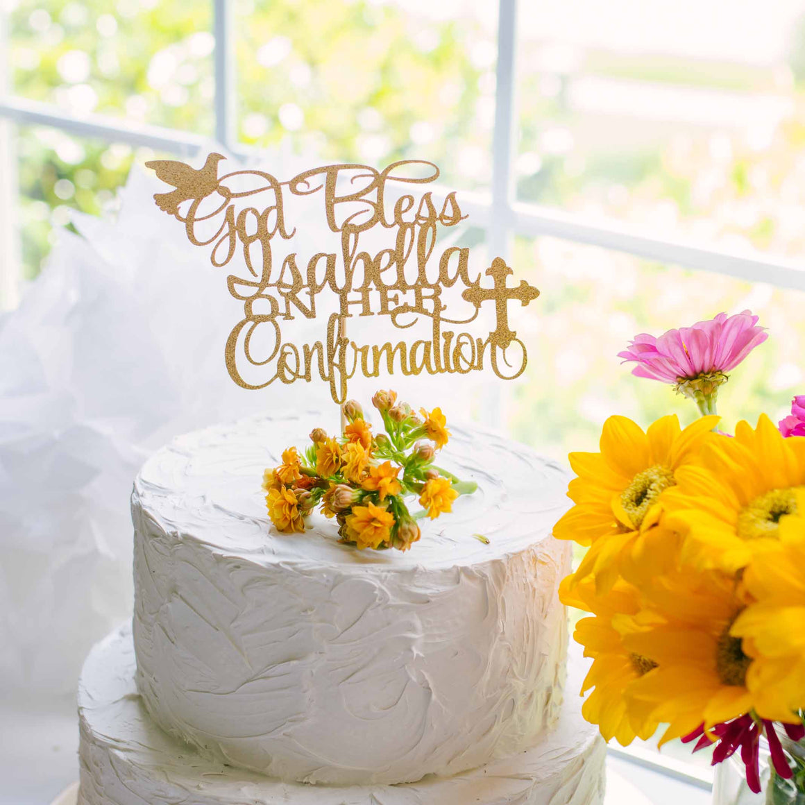 God Bless Cake Topper for Confirmation or Communion with dove and cross
