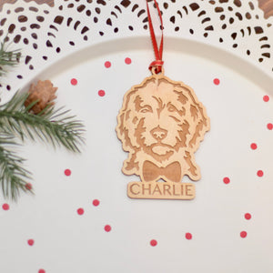 Golden doodle ornament with name and bowtie for him
