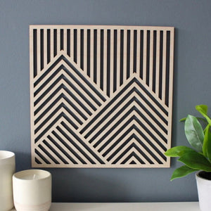 Square wooden mountain wall art with midcentury modern style
