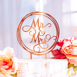 Mr & Mrs Wooden Cake Topper with a round geometric frame