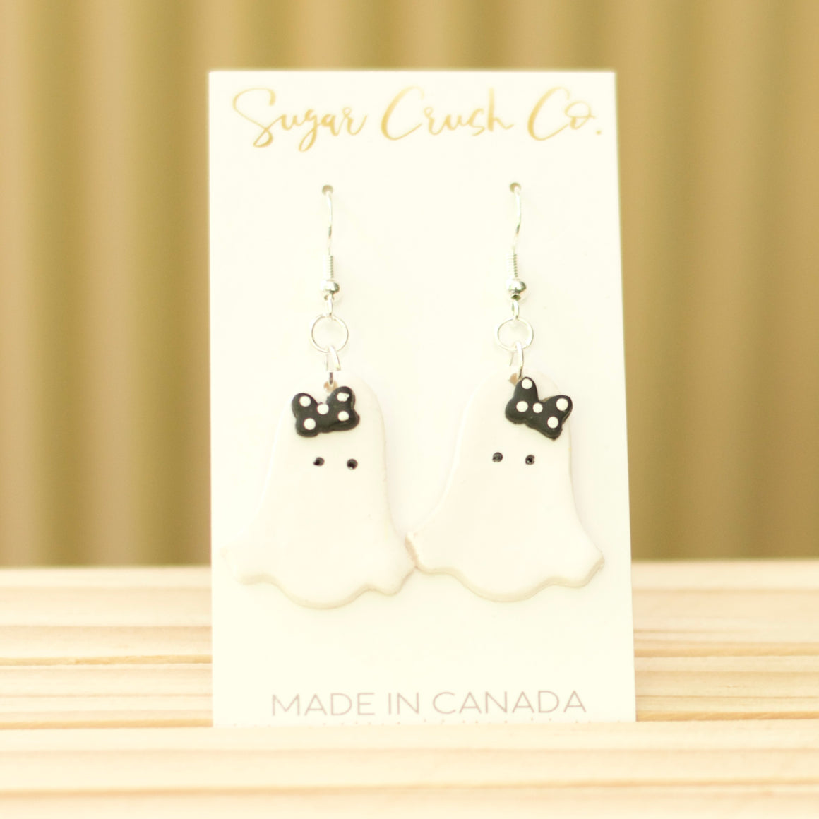 Ghost Earrings with Black and White Polka Dotted Bow,