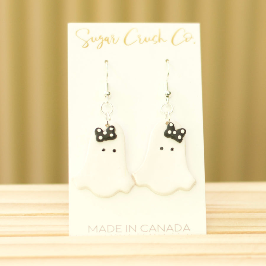 Ghost Earrings with Black and White Polka Dotted Bow,