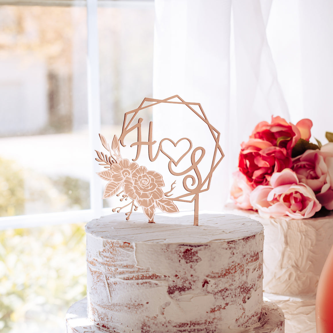 Boho Rose Gold Wedding Cake Topper with Florals