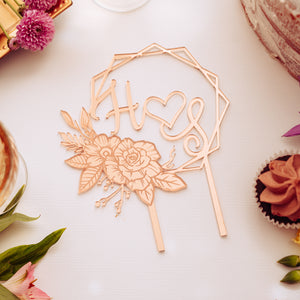 Boho Rose Gold Wedding Cake Topper with Florals