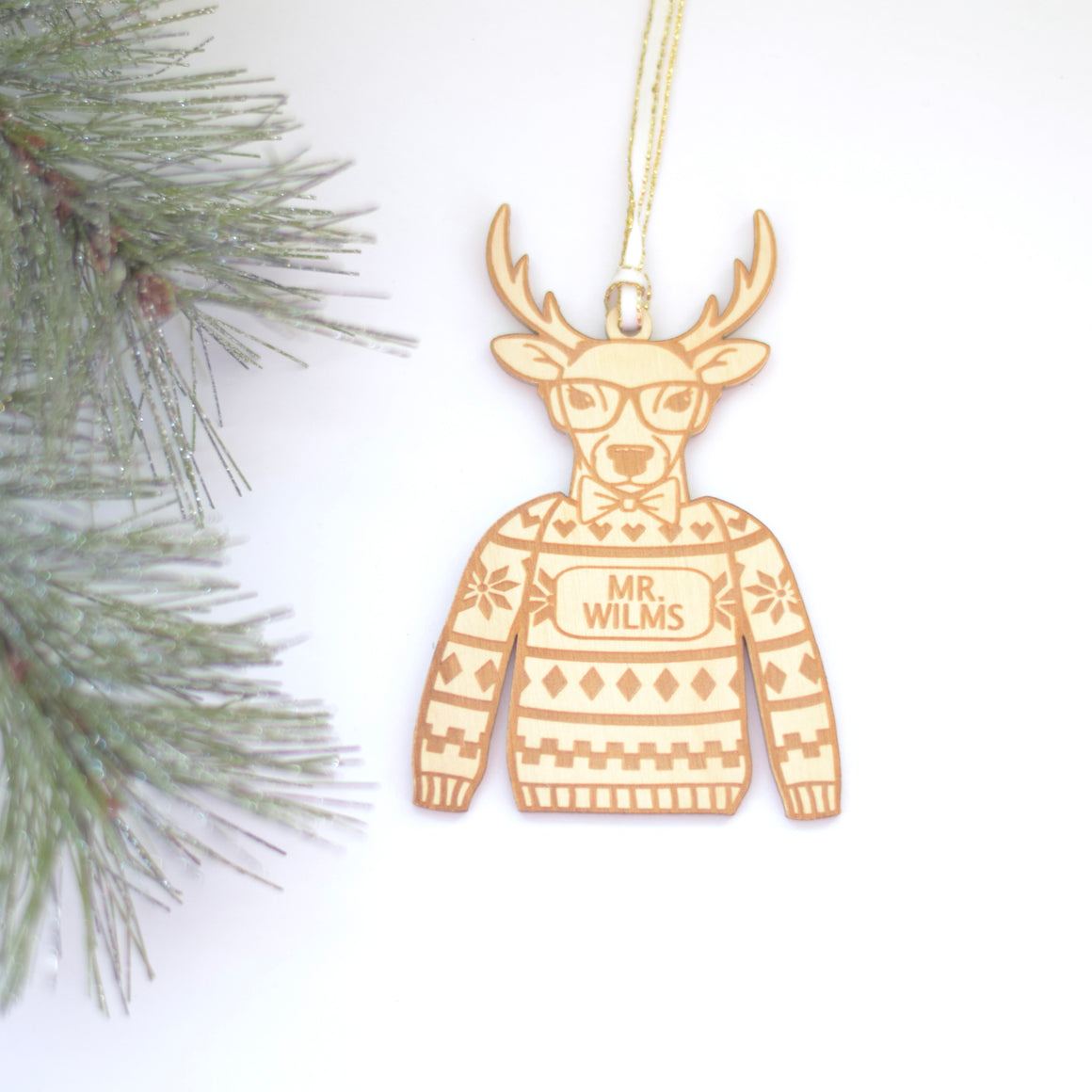 Personalized Ornament for Teacher Gift with ugly Christmas Sweater and Deer