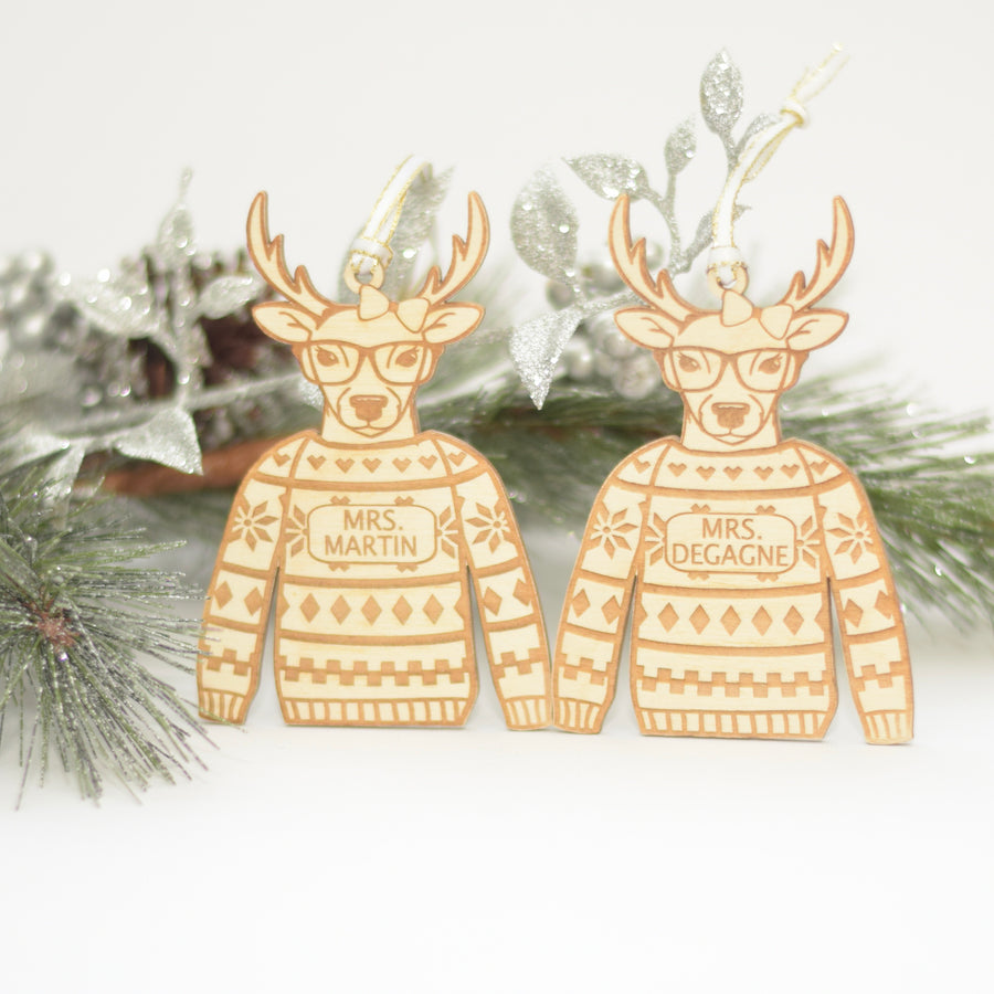 Personalized Ornament for Teacher Gift with ugly Christmas Sweater and Deer