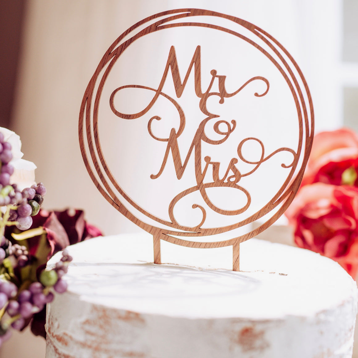 Mr & Mrs Wedding Cake Topper in Dark Wood