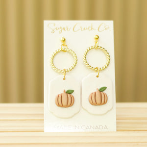 Pumpkin and Gold Twist Earrings, Handmade Polymer Clay Earrings with Gold Ring