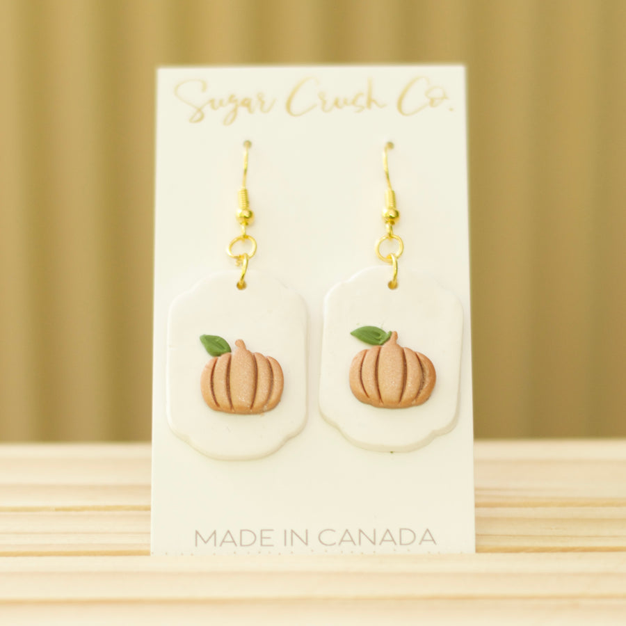 White  and Copper Pumpkin Clay Earrings, Fall 2022