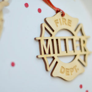 side view of wooden ornament for firefighter