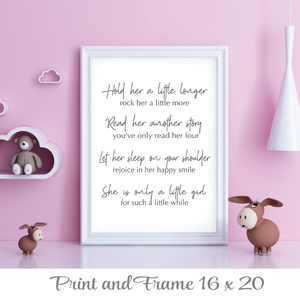 Framed poem for a little girl's nursery displayed on a pink wall.
