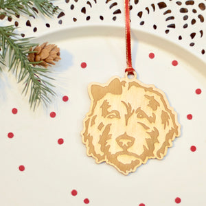 Golden doodle girl dog with bow tie in her hair laser cut wooden ornament