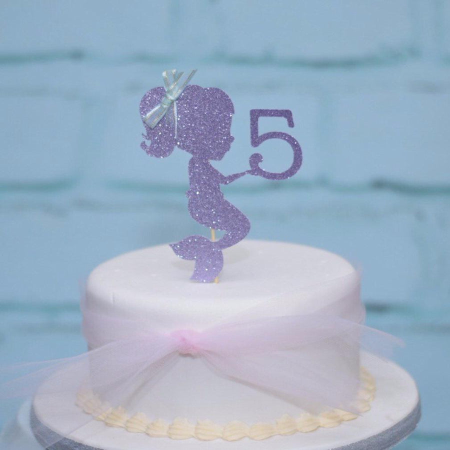 lavender glitter mermaid with number 5 with hair bow