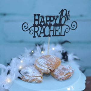 Happy 18th Rachel black cake topper on pastries