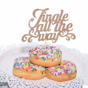 Jingle all the way gold sparkle glitter cake topper in three sprinkle donuts