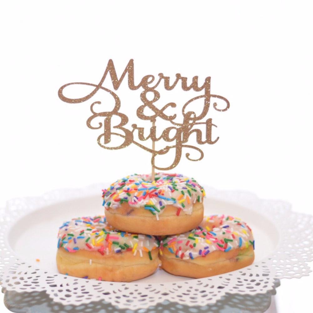 Merry and bright gold sparkle glitter sprinkle donut cake topper
