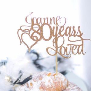 Joanne 80 years loved gold glitter heart cake topper
