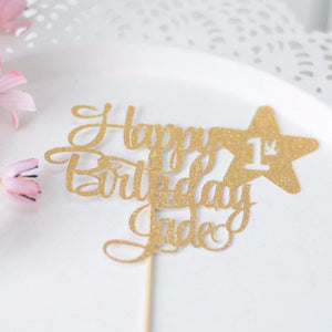 Happy 1st birthday Jade glittery sparkly cake topper on white background
