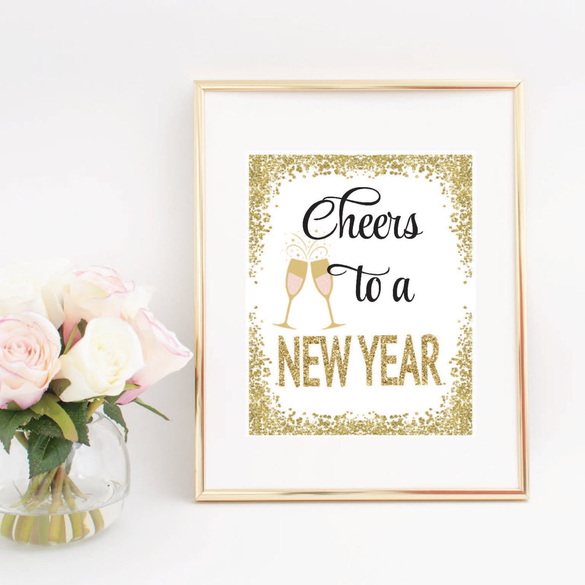 Cheers to a new year gold glitter digital download in a gold frame