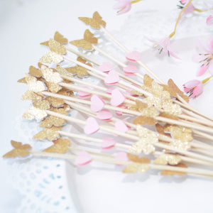 gold glitter and pink butterfly mini donut skewers
