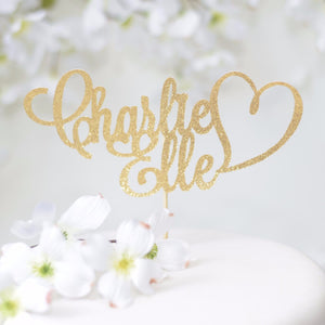Charlie Elle heart glitter sparkle cake topper on white floral cake