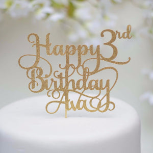 Happy 3rd Birthday Ava gold glitter sparkle glitter cake topper