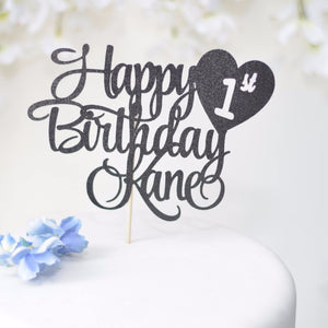 Happy 1st birthday Kane black sparkle glitter cake topper