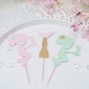 mint, gold and sugar pink mermaid and mermaid tail cupcake toppers