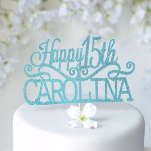 Happy 15th Carolina blue sparkle glitter cake topper