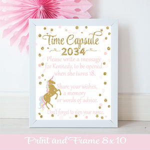 Time Capsule 2034, unique time capsule sign for a unicorn lover's birthday party