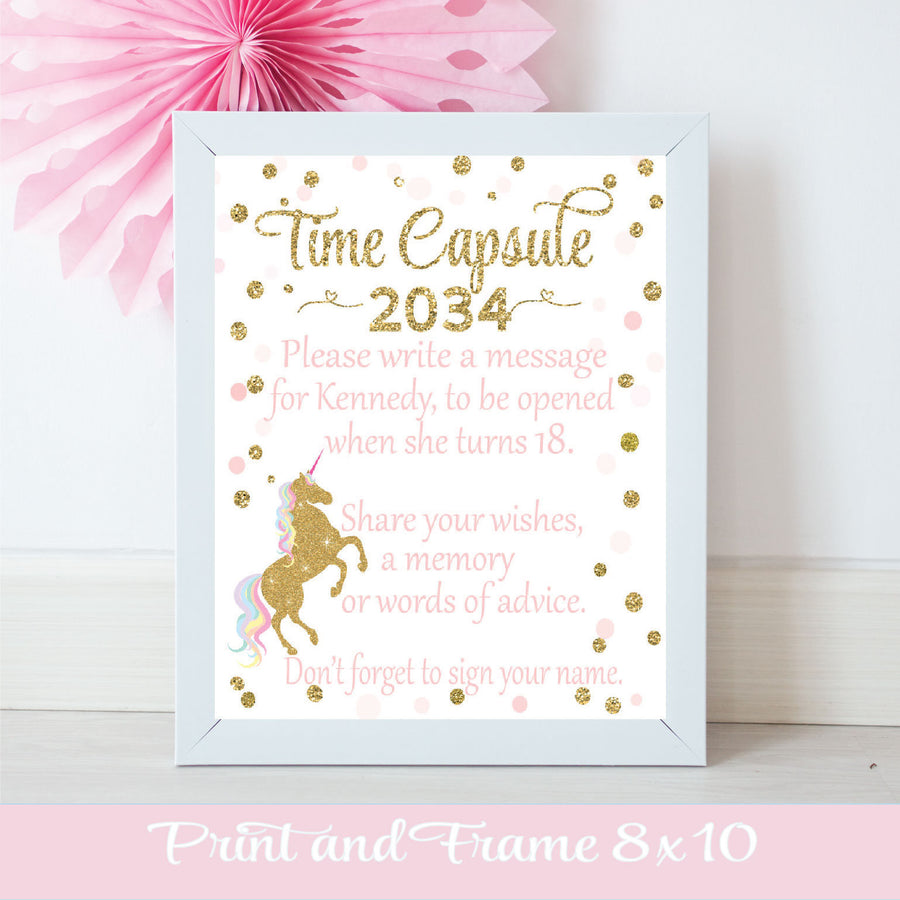 Time capsule sign for unicorn birthday in a white frame with note card for writing