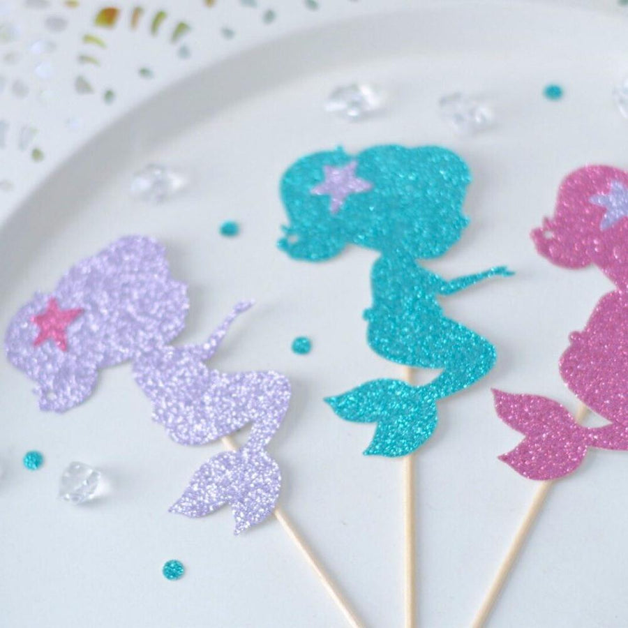 silver, teal and pink sparkle mermaid cake toppers