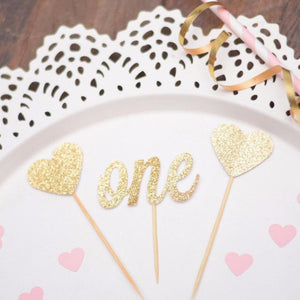 number one with two heart glitter cupcake toppers