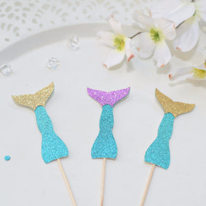 sparkle glitter teal, gold and purple mermaid tail cupcake toppers