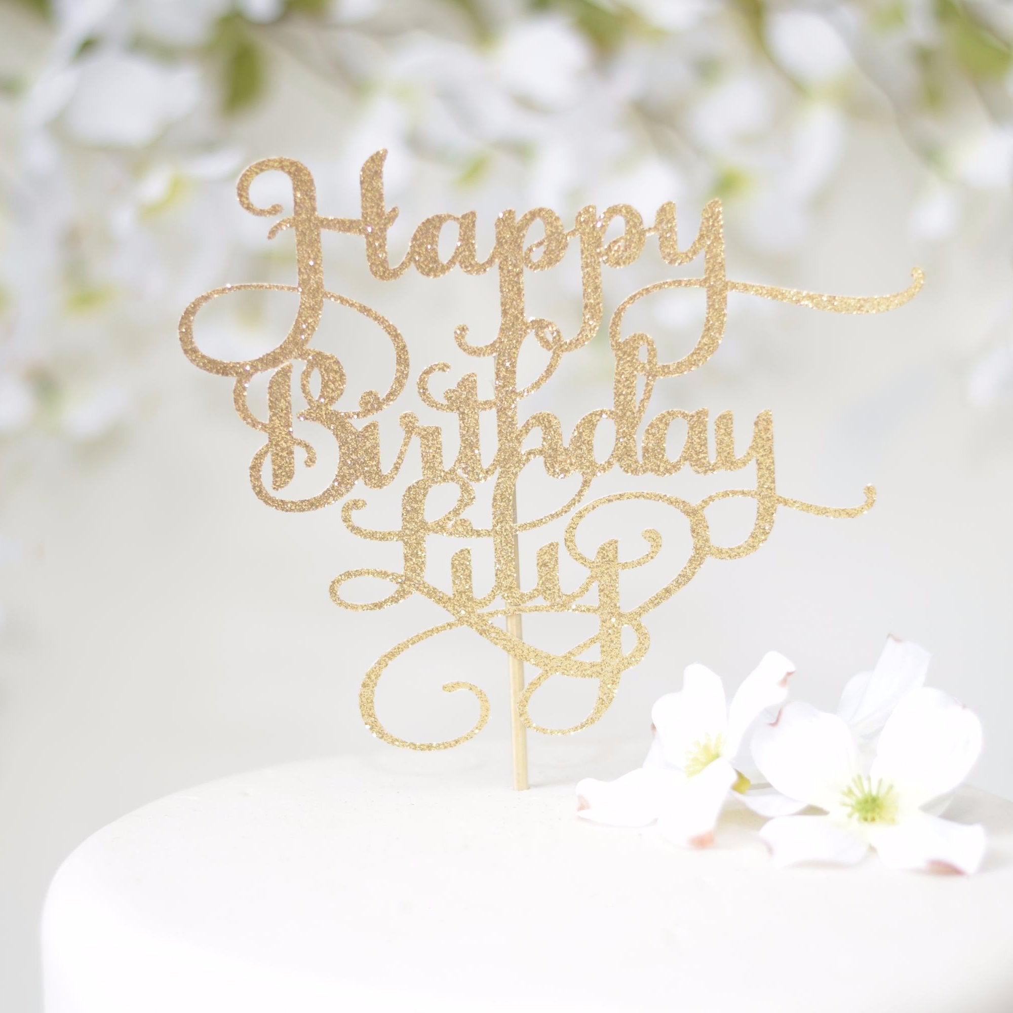 Happy Birthday Cake Topper Gold Glitter Silver Glitter Black Acrylic 