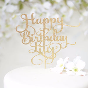 Happy Birthday Lily gold spark glitter cake topper