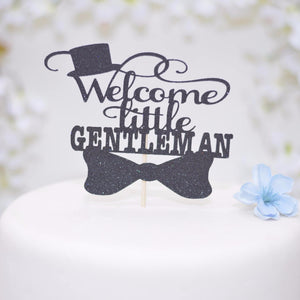 Welcome little gentleman cake topper with bow tie and top hat details