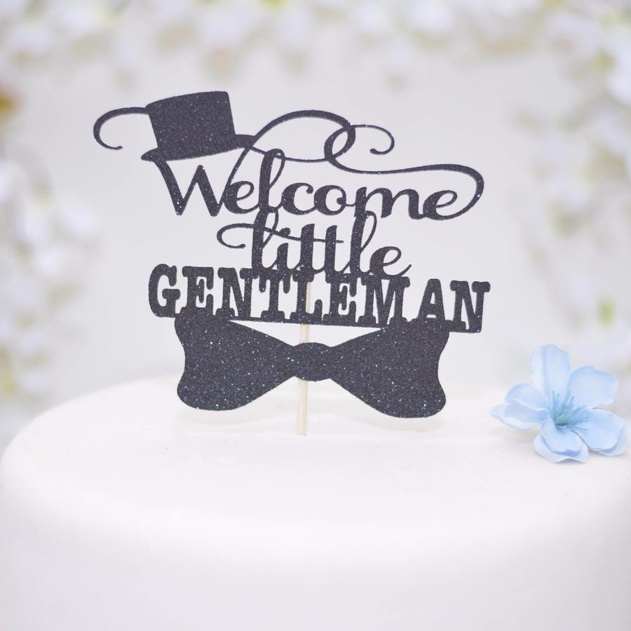 Welcome Little Gentleman black sparkle cake topper with top hat and mustache