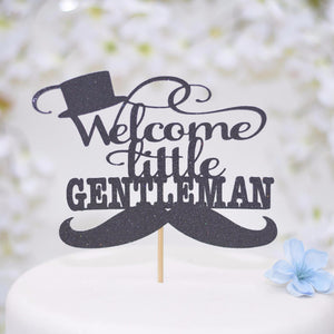 Welcome Little Gentleman black sparkle cake topper with top hat and mustache